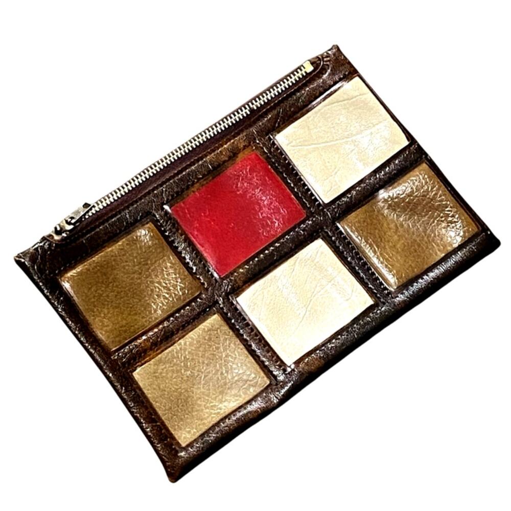 Vintage Color Block Vinyl Cosmetic Bag Retro Patchwork Faux Leather Clutch 70s
